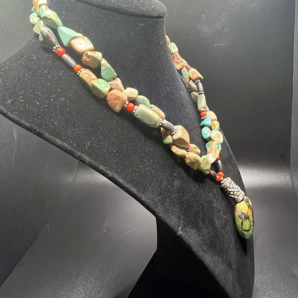 Artisan Stone Necklace Turquoise Color Jasper Pendant Sterling Silver Accents - Picture 3 of 13